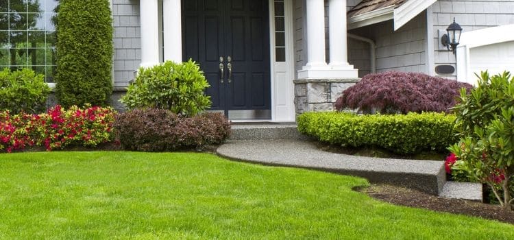 Home with pruned plants and mulch in the landscaping beds.