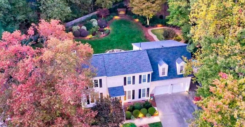 Drone shot of an estate in North Raleigh, NC with extensive landscaping.